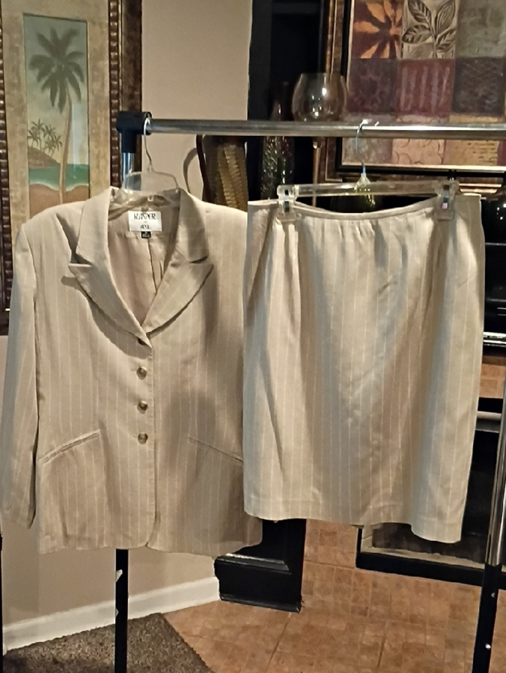 FINAL PRICE Kasper Ecru/Beige Linen Blend Pinstripe Skirt Suit
